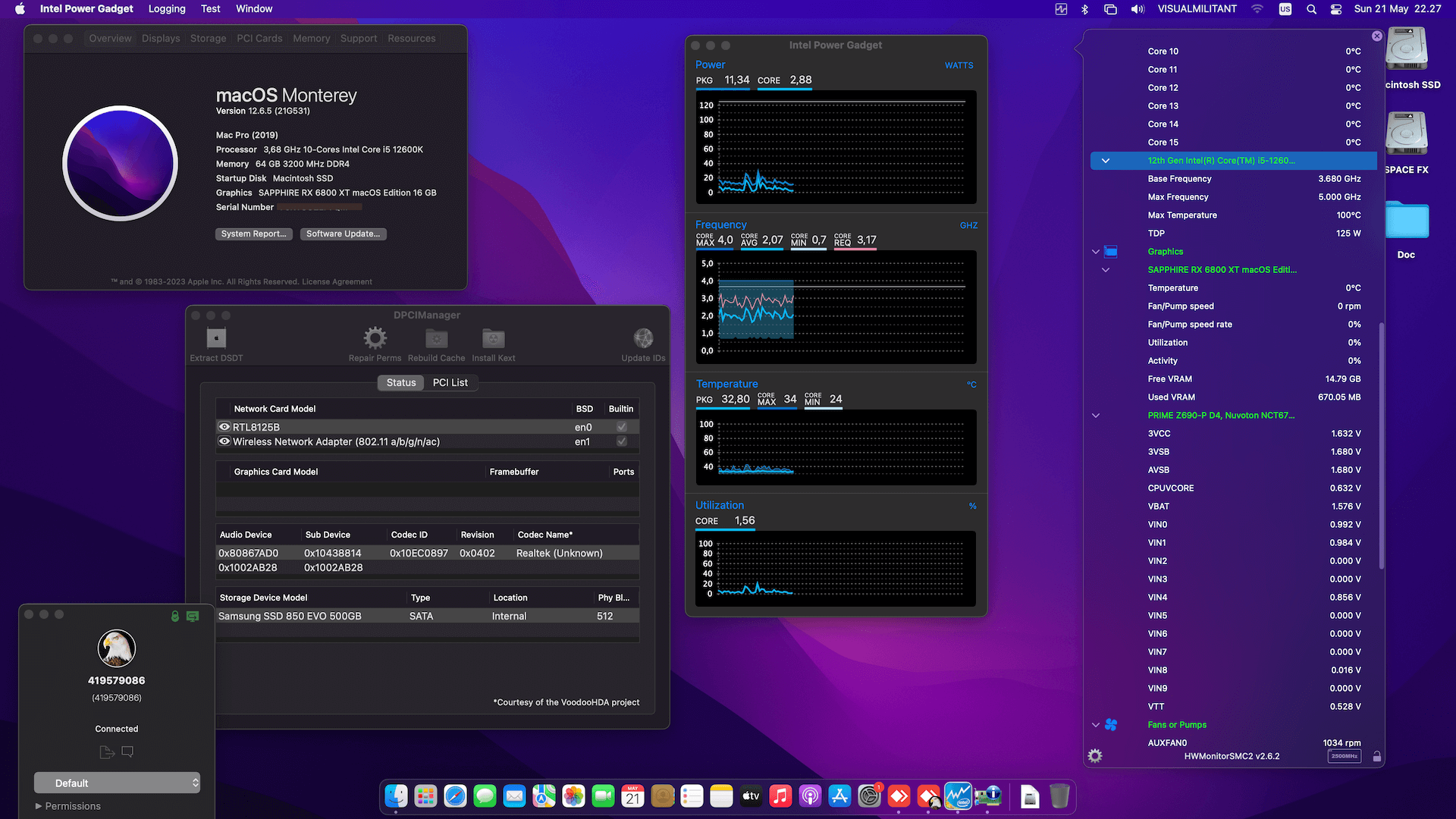 Success Hackintosh macOS Monterey 12.6.5 Build 21G531 in Asus Prime Z690-P D4 + Intel Core i5 12600K + Sapphire RX 6800 XT